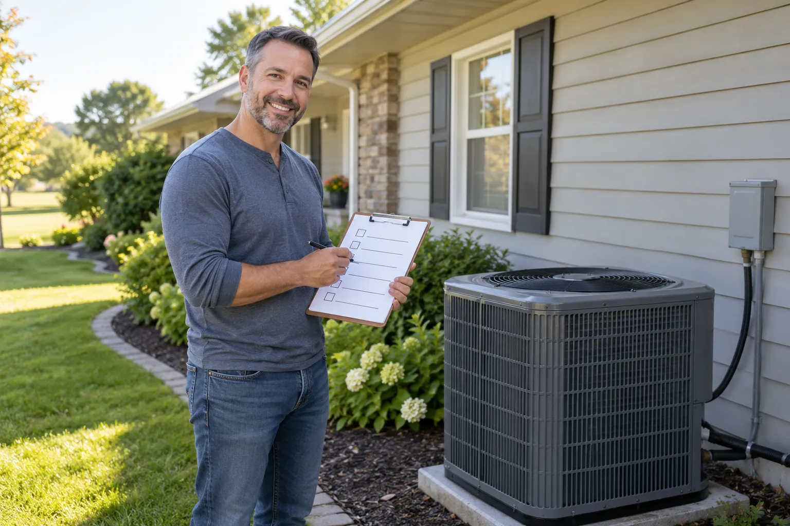 Homeowner reading a short checklist next to an outdoor AC unit in the Wildwood area